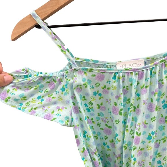 The Children's Place Girls Cold Shoulder Dress M (7/8) Floral Belted Blue‎ - Picture 9 of 10